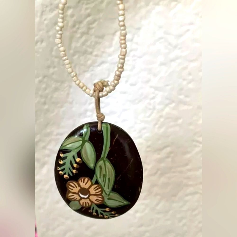 Vintage AERO Necklace Daisy Wood Shell Choker Boho Natural 1990s Jewelry